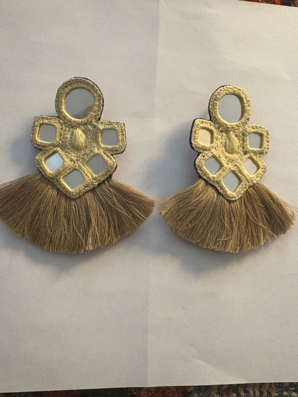 Handcrafted Gold-Tone Mirror Tassel Earrings - Beige Fringe